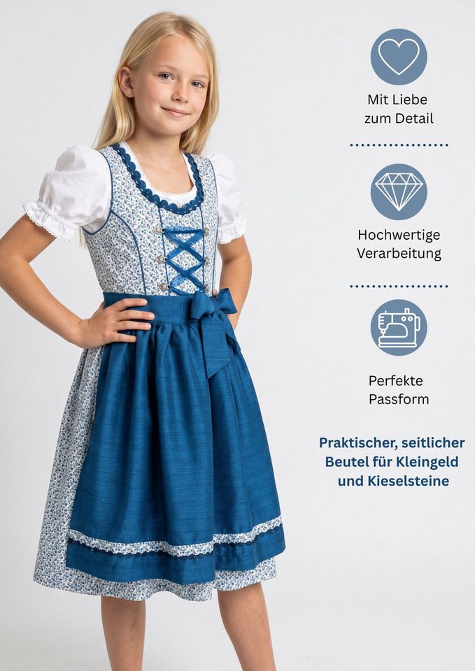 Nübler Dirndl Mädchen Dirndl im traditionellen Stil Kinder Trachten (Dirndl Set DORIS, 3-tlg., Dirndl Kleid mit Bluse und Schürze) Kinder Tracht im bayerischen  – Bild 3 von 5