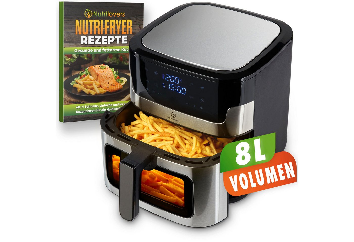Nutrilovers Heißluftfritteuse NUTRI-FRYER Hei fluftfritteuse Edelstahl, 8L, 2000W, Ober- & Unterhitze, 2000 W, Double-Heat-Heizsystem mit Ober- und Unterhitze – Bild 2 von 5
