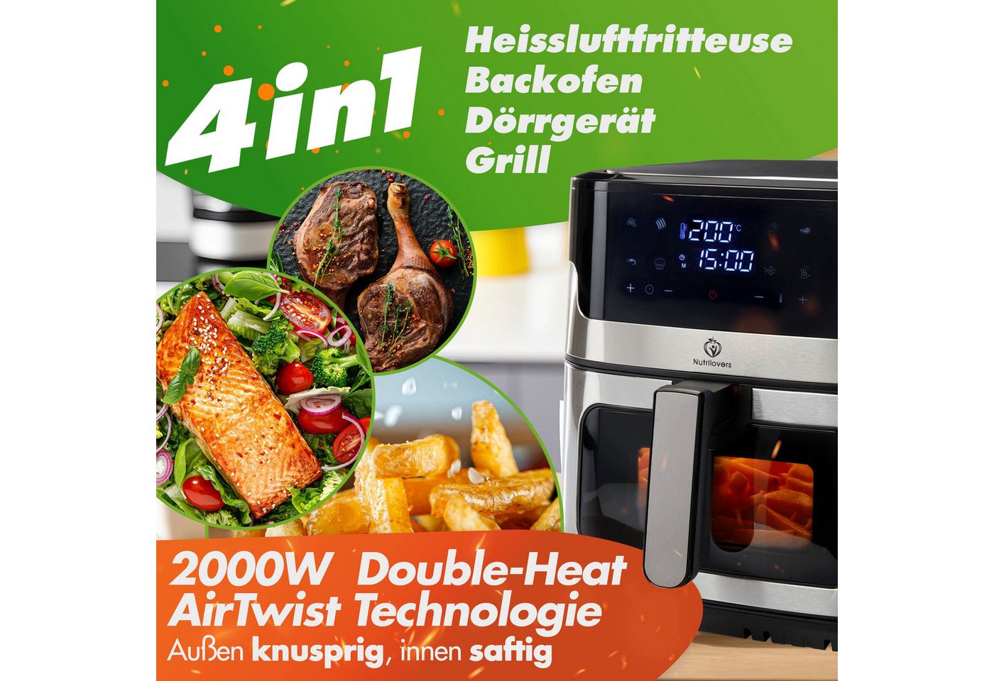 Nutrilovers Heißluftfritteuse NUTRI-FRYER Hei fluftfritteuse Edelstahl, 8L, 2000W, Ober- & Unterhitze, 2000 W, Double-Heat-Heizsystem mit Ober- und Unterhitze – Bild 4 von 5