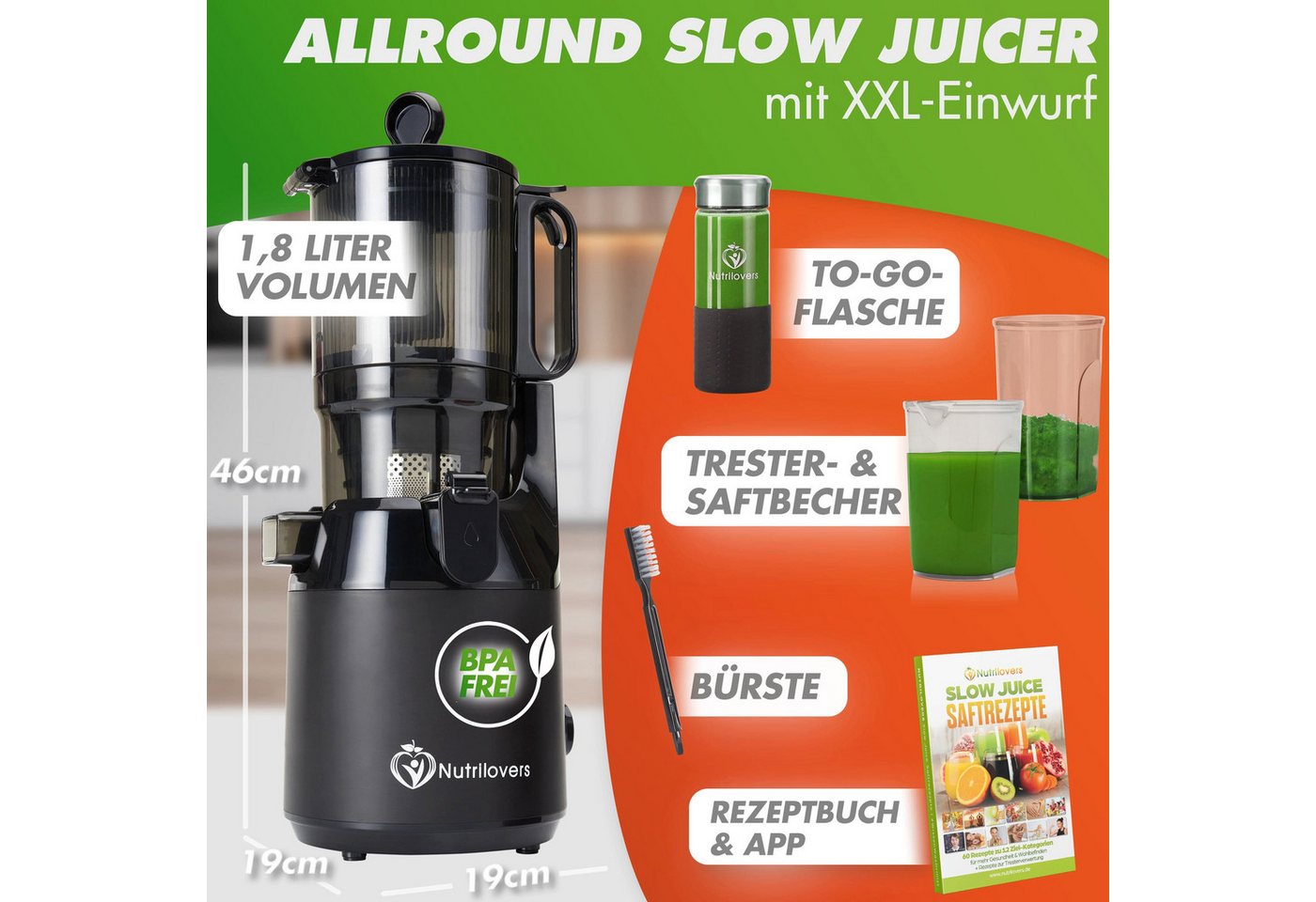 Nutrilovers Slow Juicer NUTRI-PRESS MAX Entsafter Slow Juicer Ganze Früchte entsaften, 200 W, XXL-Einfüllschacht für ganze Früchte ohne Vorschneiden – Bild 2 von 5