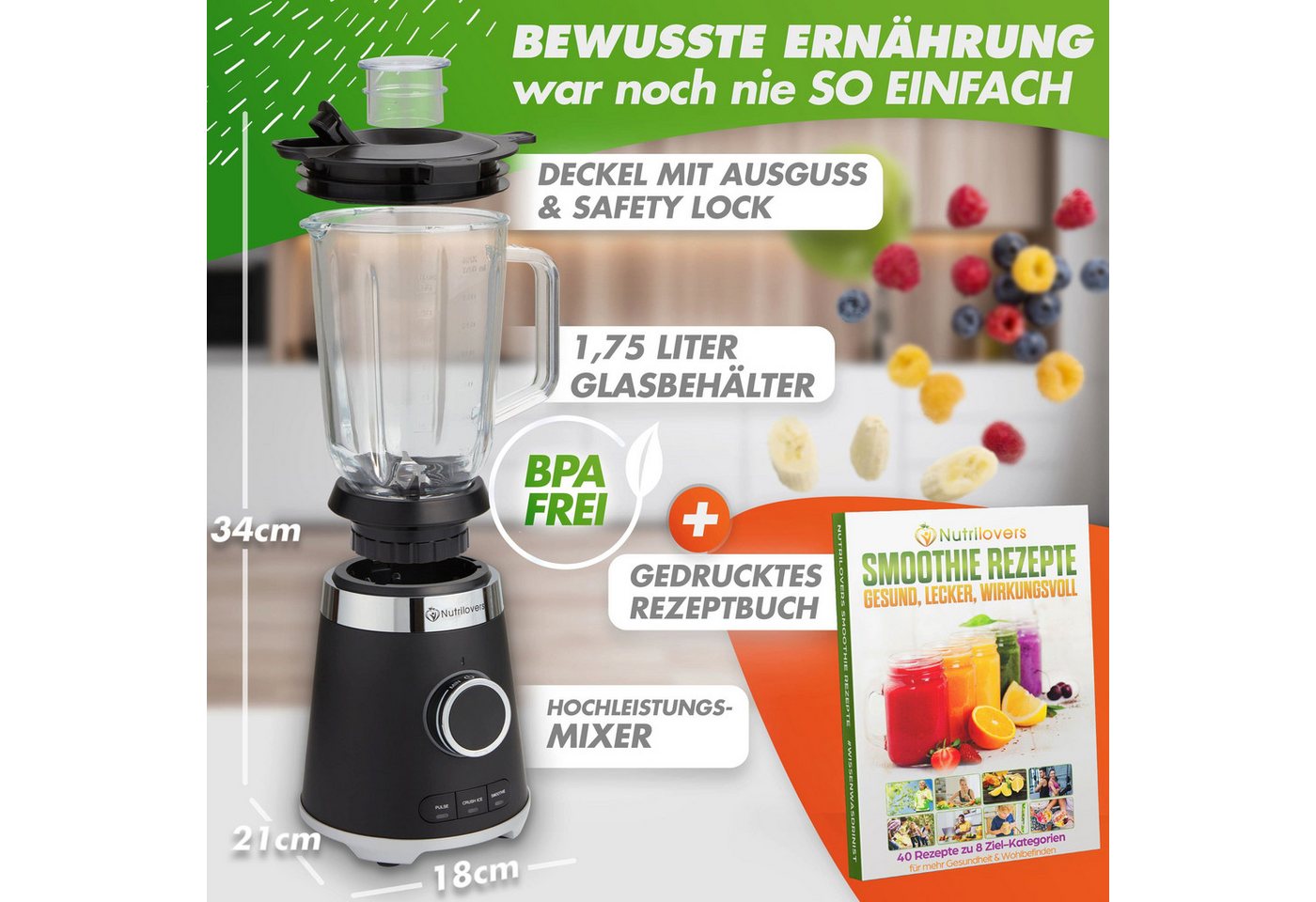 Nutrilovers Standmixer *Testsieger* Standmixer mit Glas-Behälter, 1300W, Smoothies, Ice Crush, 1300 W – Bild 2 von 5