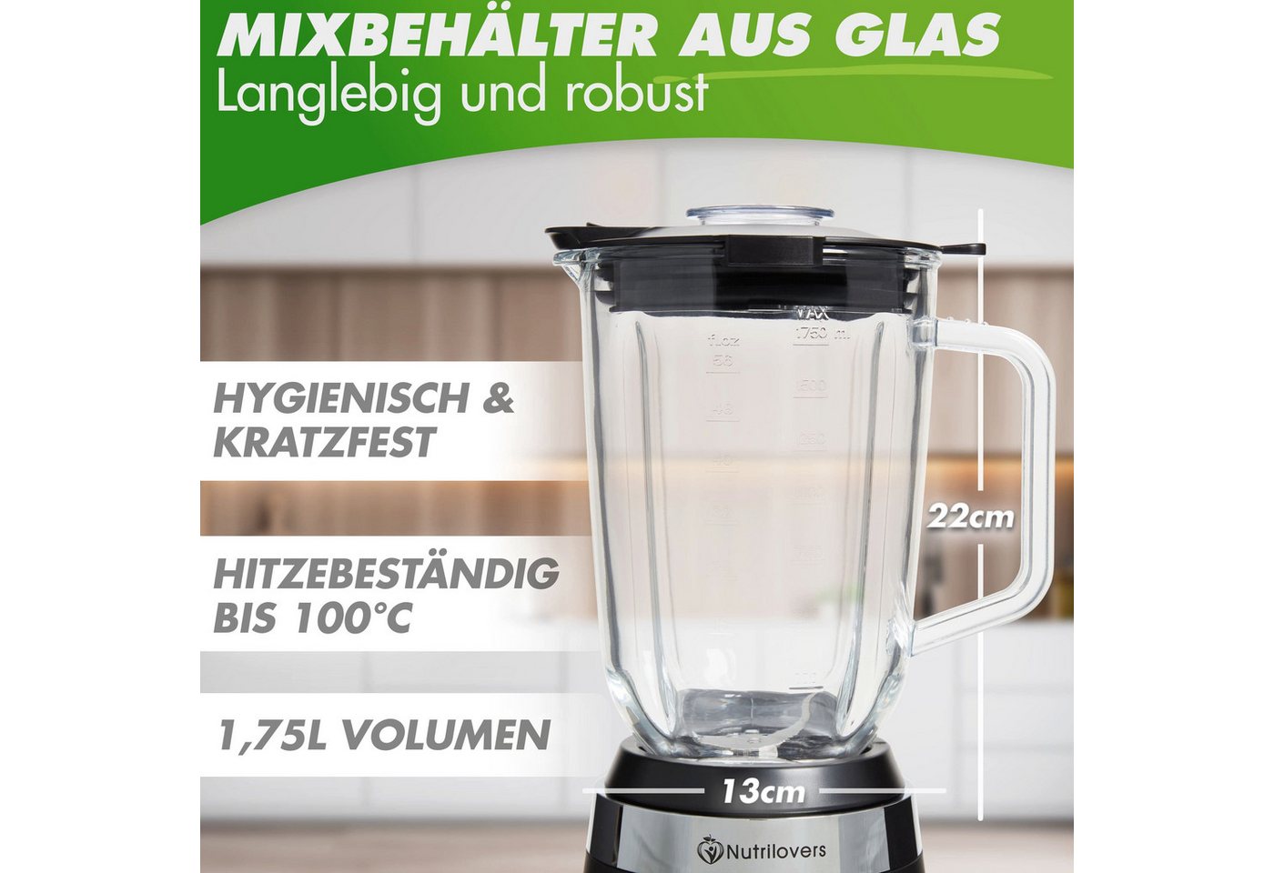 Nutrilovers Standmixer *Testsieger* Standmixer mit Glas-Behälter, 1300W, Smoothies, Ice Crush, 1300 W – Bild 3 von 5