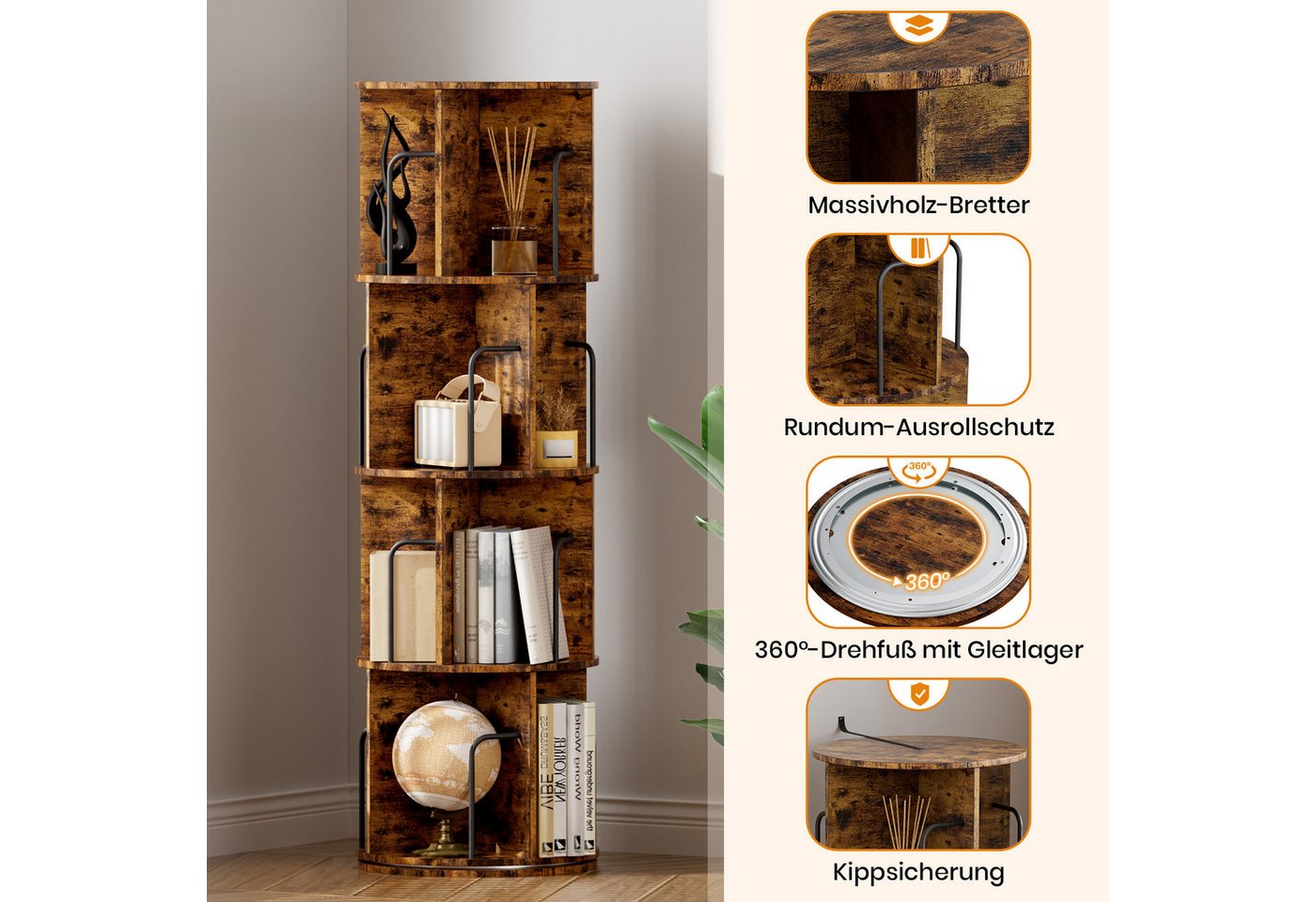 Oak&Tea Bücherregal Bücherregal drehbar mit 4 Ebenen, Standregal für Bücher & Deko, 4 Etagen, Höhe 128cm, drehbar, Durchmesser 40 cm, platzsparend – Bild 2 von 5