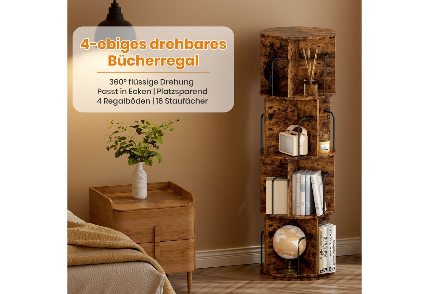 Oak&Tea Bücherregal Bücherregal drehbar mit 4 Ebenen, Standregal für Bücher & Deko, 4 Etagen, Höhe 128cm, drehbar, Durchmesser 40 cm, platzsparend – Bild 4 von 5