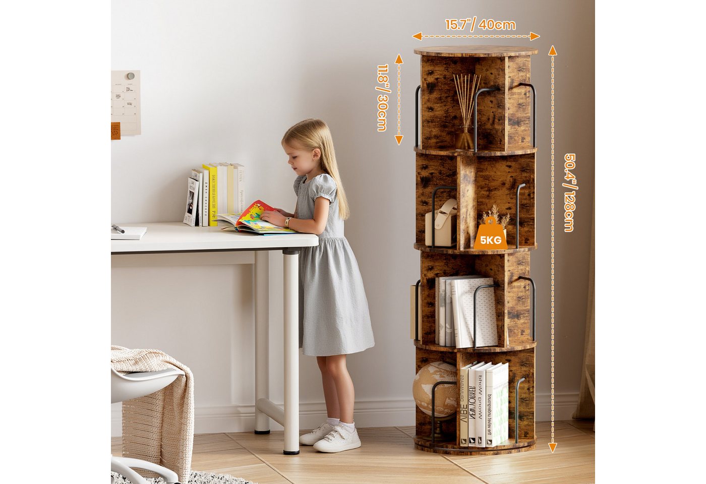 Oak&Tea Bücherregal Bücherregal drehbar mit 4 Ebenen, Standregal für Bücher & Deko, 4 Etagen, Höhe 128cm, drehbar, Durchmesser 40 cm, platzsparend – Bild 5 von 5