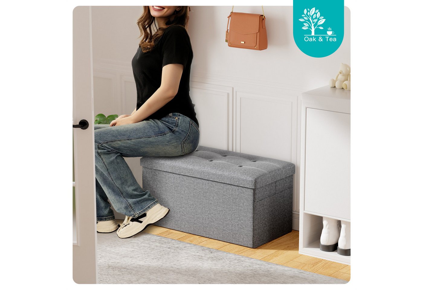Oak&Tea Sitzbank Sitzbank klappbare Sitztruhe klappbare Aufbewahrungsbox mit Stauraum, 76×38×38 cm & 110×38×38 cm bis 300 kg belastbar Aufbewahrungsbankett – Bild 2 von 5