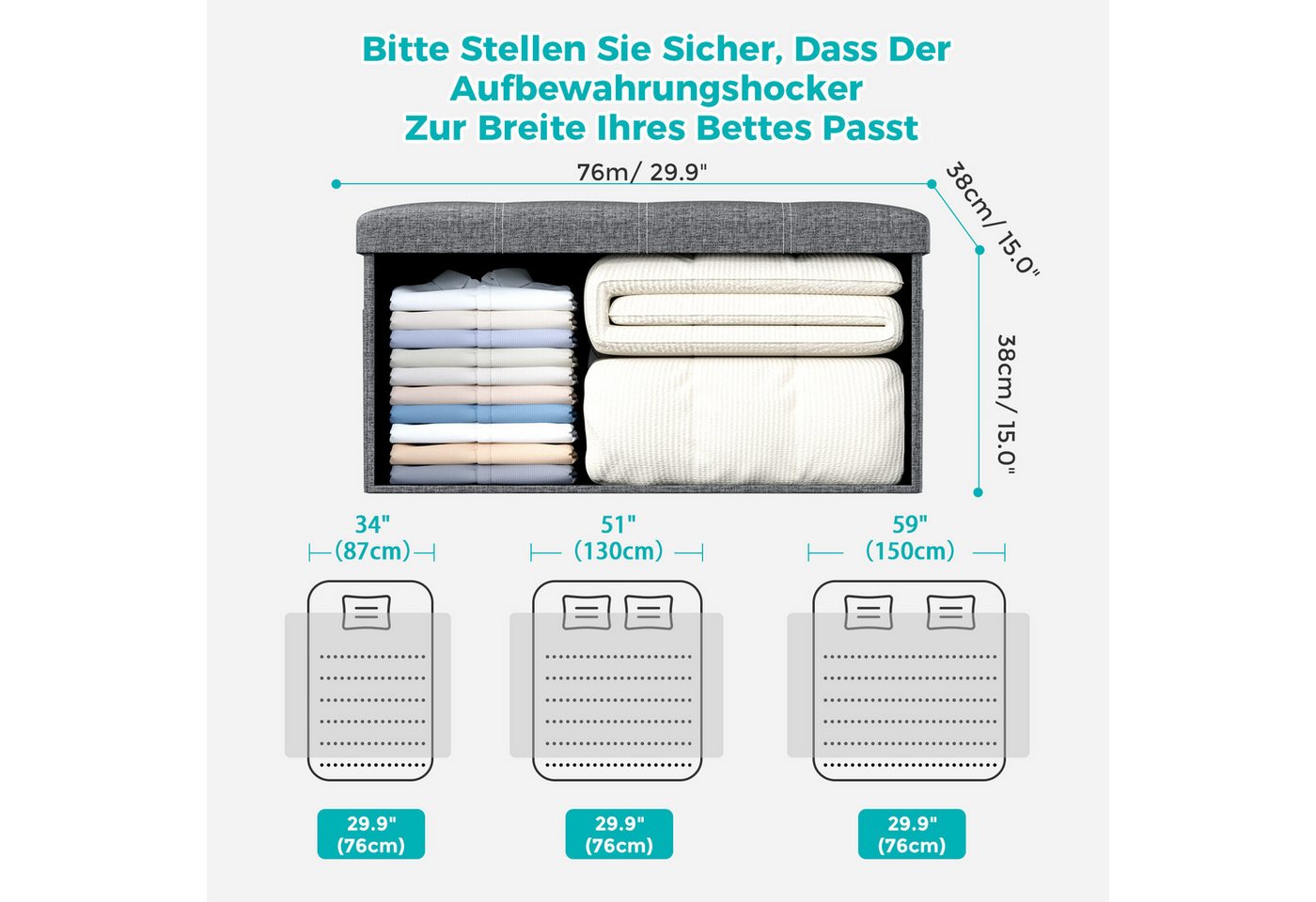 Oak&Tea Sitzbank Sitzbank klappbare Sitztruhe klappbare Aufbewahrungsbox mit Stauraum, 76×38×38 cm & 110×38×38 cm bis 300 kg belastbar Aufbewahrungsbankett – Bild 4 von 5