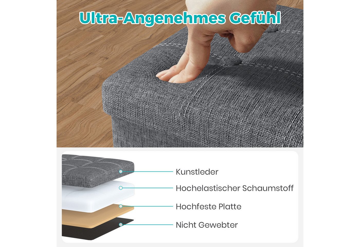 Oak&Tea Sitzbank Sitzbank klappbare Sitztruhe klappbare Aufbewahrungsbox mit Stauraum, 76×38×38 cm & 110×38×38 cm bis 300 kg belastbar Aufbewahrungsbankett – Bild 5 von 5