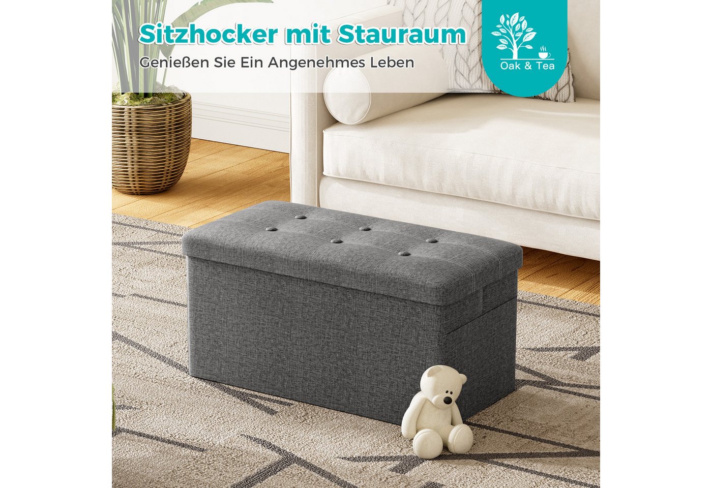 Oak&Tea Sitzbank Sitzbank klappbare Sitztruhe klappbare Aufbewahrungsbox mit Stauraum, 76×38×38 cm & 110×38×38 cm bis 300 kg belastbar Aufbewahrungsbankett – Bild 3 von 5