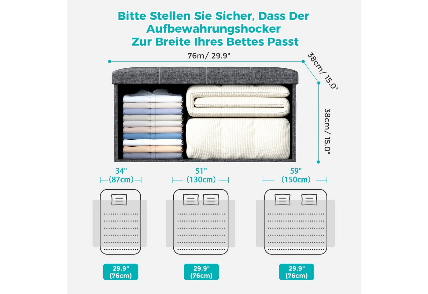 Oak&Tea Sitzbank Sitzbank klappbare Sitztruhe klappbare Aufbewahrungsbox mit Stauraum, 76×38×38 cm & 110×38×38 cm bis 300 kg belastbar Aufbewahrungsbankett – Bild 4 von 5