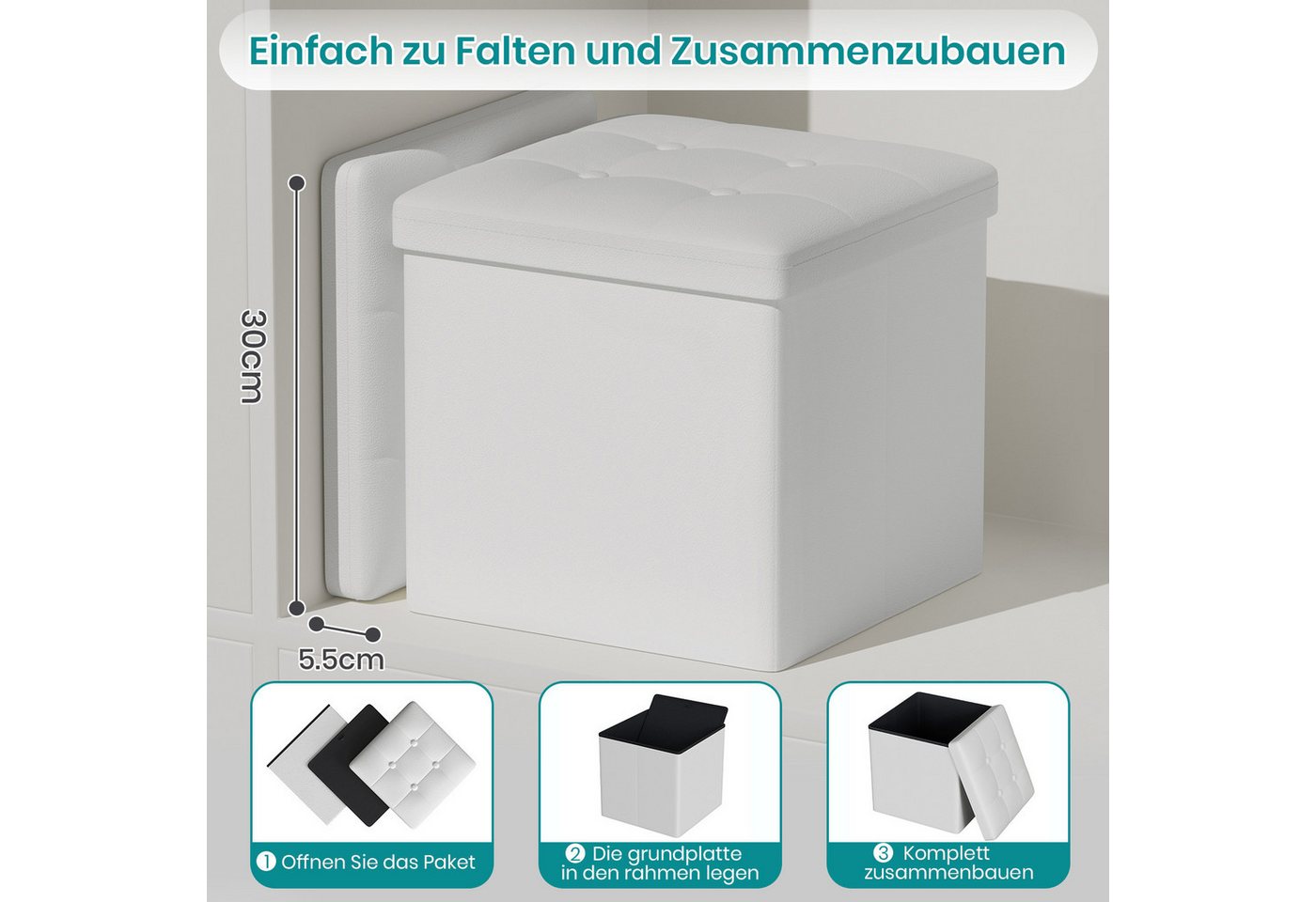 Oak&Tea Stauraumhocker Sitzhocker mit Stauraum – Klappbare Aufbewahrungsbox & Sitzwürfel – Bild 3 von 5