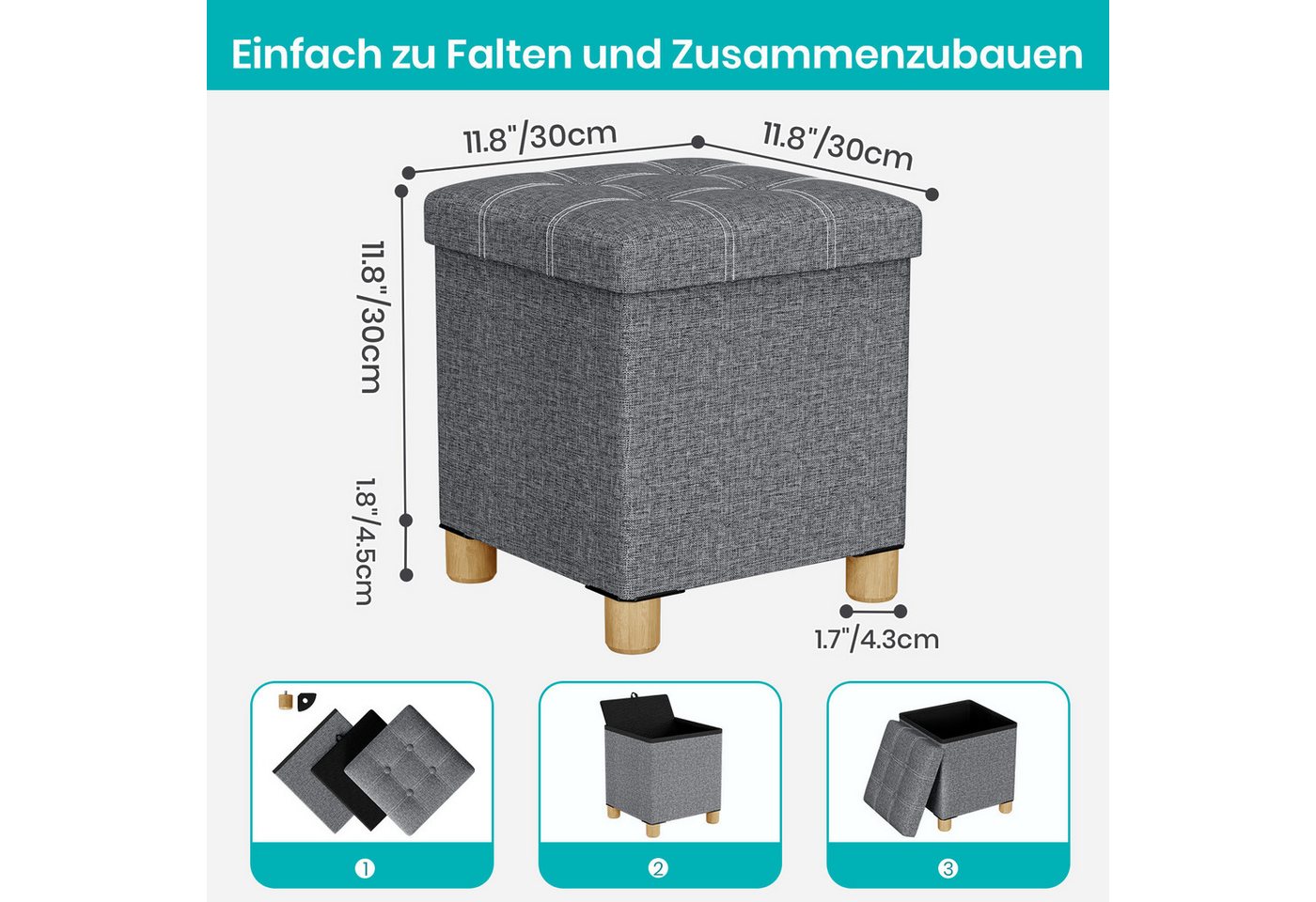 Oak&Tea Stauraumhocker Sitzhocker mit Stauraum – Klappbare Aufbewahrungsbox & Sitzwürfel – Bild 2 von 5