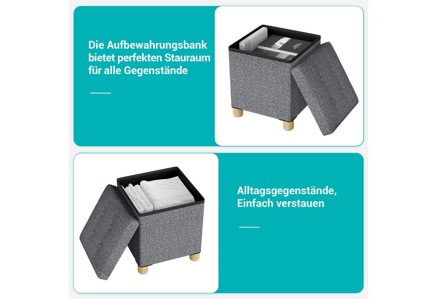 Oak&Tea Stauraumhocker Sitzhocker mit Stauraum – Klappbare Aufbewahrungsbox & Sitzwürfel – Bild 3 von 5