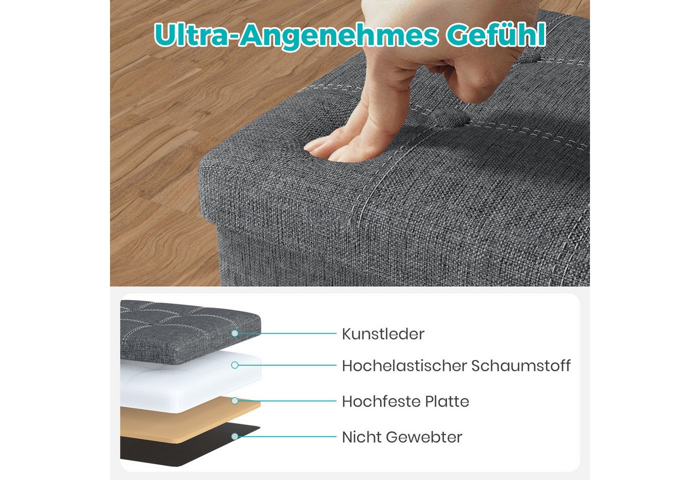 Oak&Tea Stauraumhocker Sitzhocker mit Stauraum – Klappbare Aufbewahrungsbox & Sitzwürfel – Bild 5 von 5