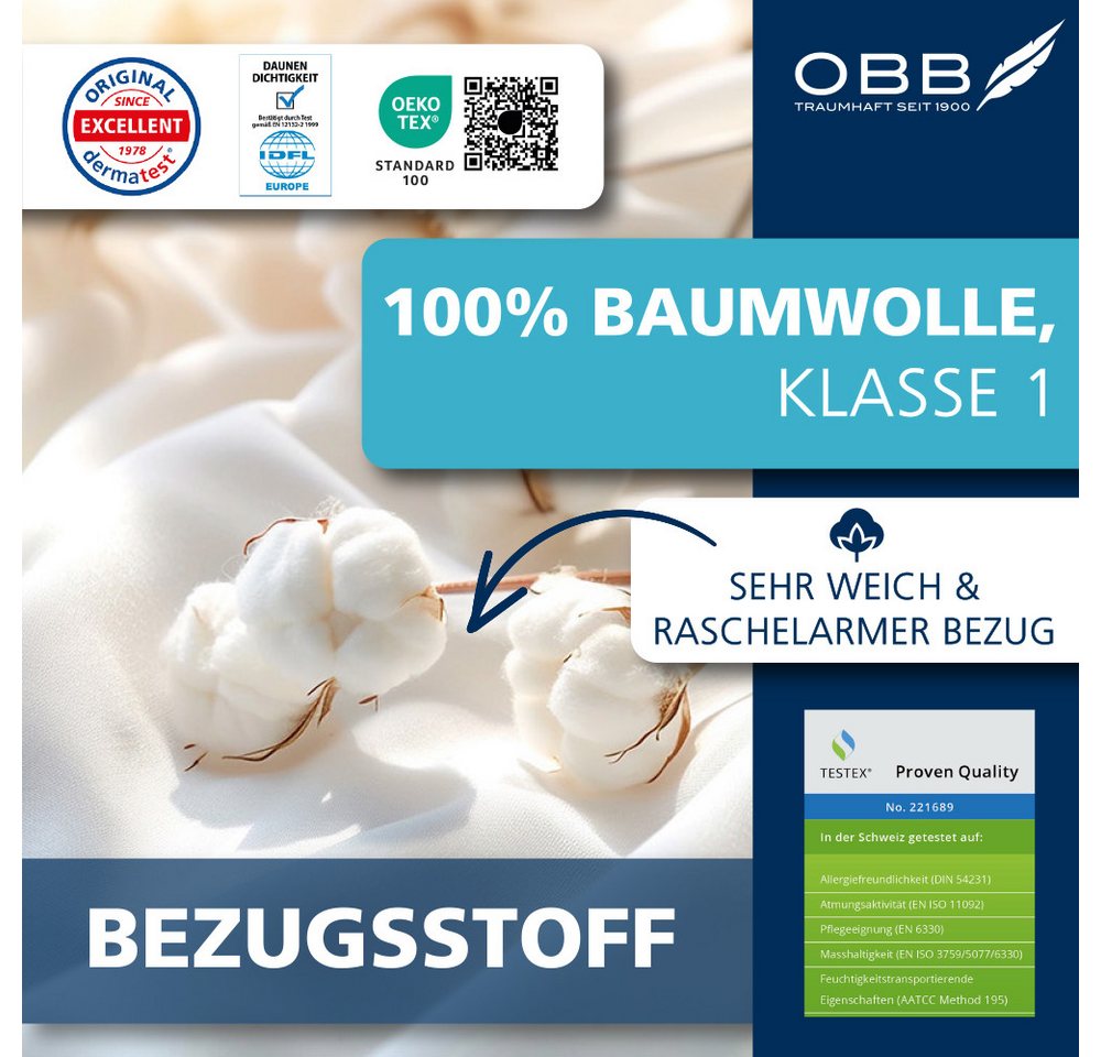 OBB Daunenbettdecke Emilias, Bettdecken für Sommer & Winter, Ganzjahresdecke, Füllung: 90% Daunen, 10%Federn, Bezug: 100% Baumwolle, Bettdecke 135x200 cm, 155x2 – Bild 3 von 5