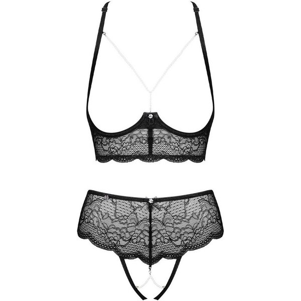 Obsessive Set: Bügel-BH 2-tlg Dessous-Set: offene Cups und Perlen BH Tanga Spitze schwarz (2-tlg) transparente Spitze mit Perlenketten