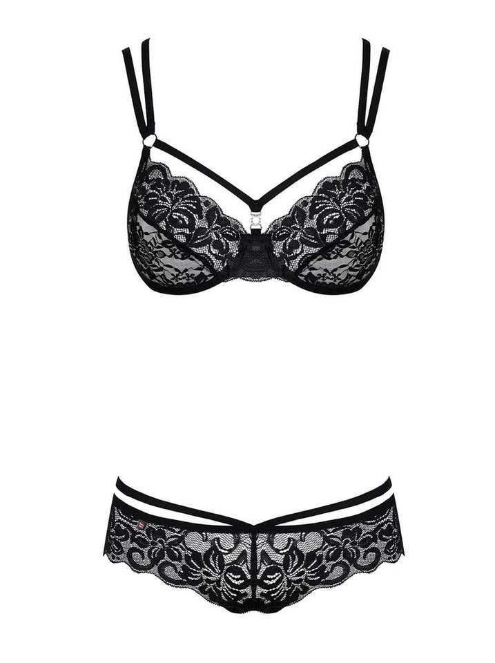 Obsessive Set: Bügel-BH Dessous-Set schwarz BH String Blumenmuster elastisch (Set) – Bild 3 von 5