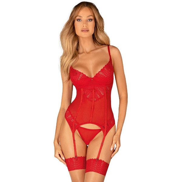 Obsessive Set: Bügel-BH Ingridia Corsage und String mit Spitze - rot (2-tlg) aus transparentem Stoff
