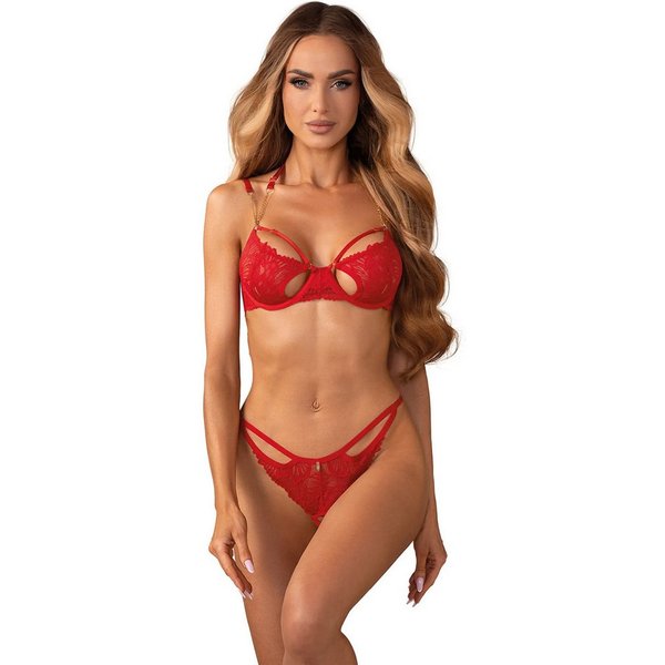 Obsessive Set: Bügel-BH Matildea Dessous Set: BH und String aus Spitze mit Ketten - rot (2-tlg) Spitzen-String mit offener Schrittpartie und Kette auf der Rücks