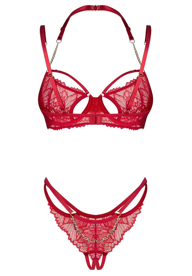 Obsessive Set: Bügel-BH Matildea Dessous Set: BH und String aus Spitze mit Ketten - rot (2-tlg) Spitzen-String mit offener Schrittpartie und Kette auf der Rücks – Bild 3 von 4