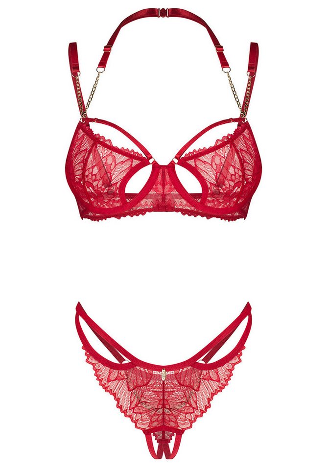 Obsessive Set: Bügel-BH Matildea Dessous Set: BH und String aus Spitze mit Ketten - rot (2-tlg) Spitzen-String mit offener Schrittpartie und Kette auf der Rücks – Bild 4 von 4