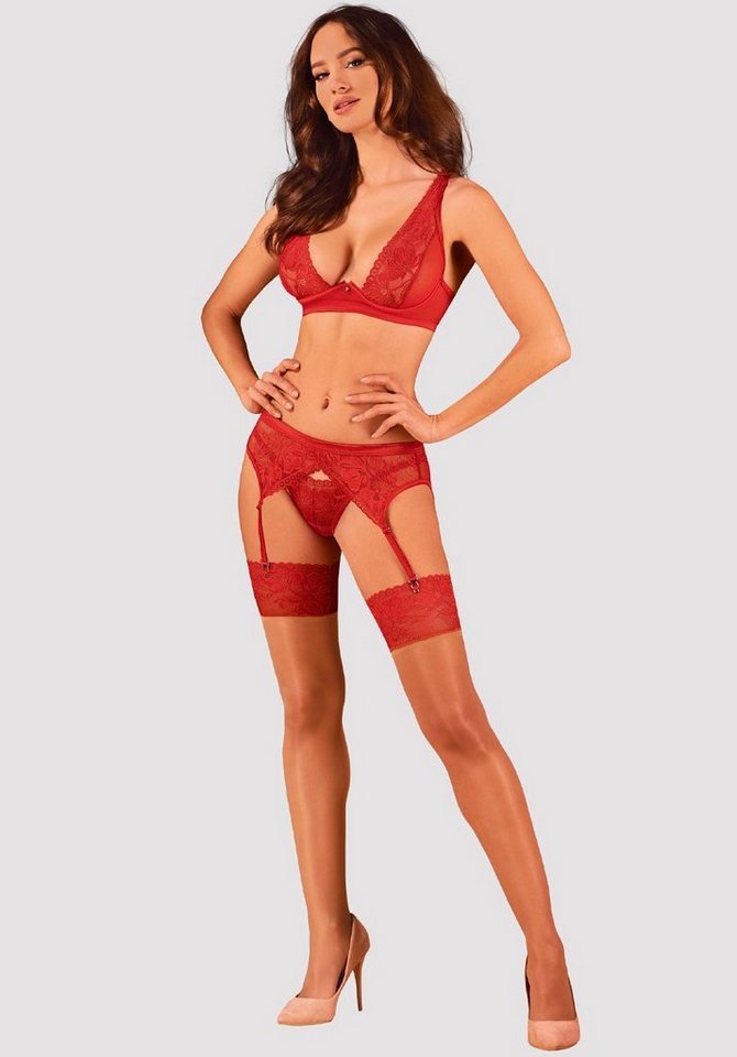 Obsessive Strapsstrümpfe Lacelove Straps-Strümpfe mit Spitzenbund - rot (1-Paar) transparentes und elastisches Material – Bild 4 von 5