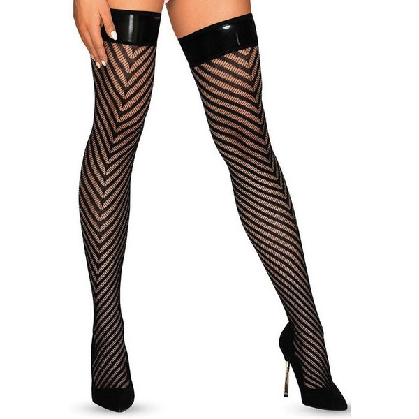 Obsessive Strapsstrümpfe Straps-Strümpfe mit Lack-Bund - schwarz (1-Paar) Netz-Strümpfe