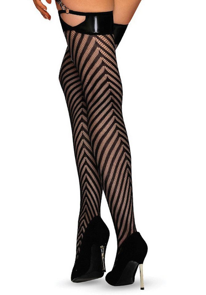 Obsessive Strapsstrümpfe Straps-Strümpfe mit Lack-Bund - schwarz (1-Paar) Netz-Strümpfe – Bild 2 von 3