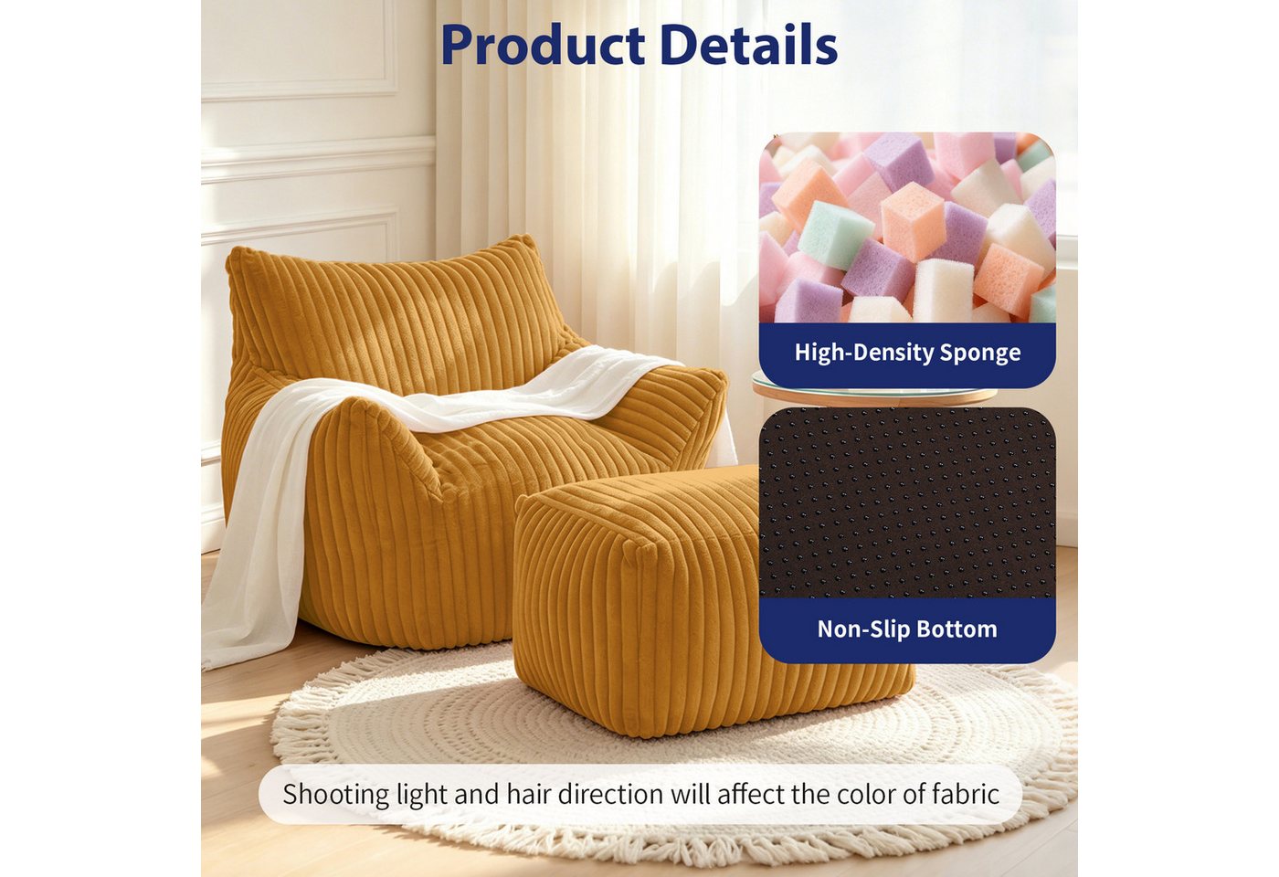 Odikalo 2-Sitzer Sofas wohnzimmer Loungesofa Relaxsessel Sitzsack mit Schlaffunktion, Liege mit geschwungener Linienführung und passendem Ottoman–für ergonomisc – Bild 2 von 5
