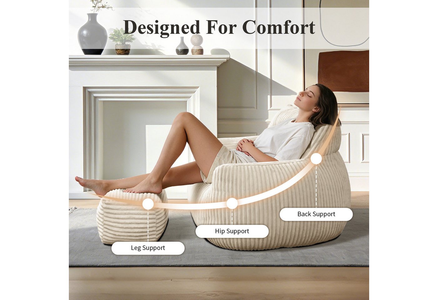 Odikalo 2-Sitzer Sofas wohnzimmer Loungesofa Relaxsessel Sitzsack mit Schlaffunktion, Doppel-Sitzsack mit Hocker–Große Sitzsack-Lounger für Erwachsene Jugendlic – Bild 2 von 4