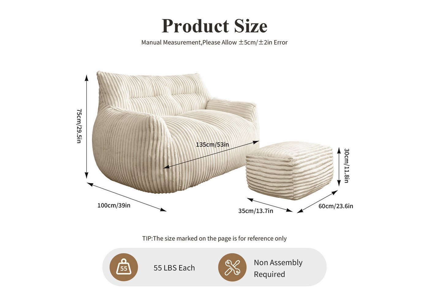 Odikalo 2-Sitzer Sofas wohnzimmer Loungesofa Relaxsessel Sitzsack mit Schlaffunktion, Doppel-Sitzsack mit Hocker–Große Sitzsack-Lounger für Erwachsene Jugendlic – Bild 3 von 4