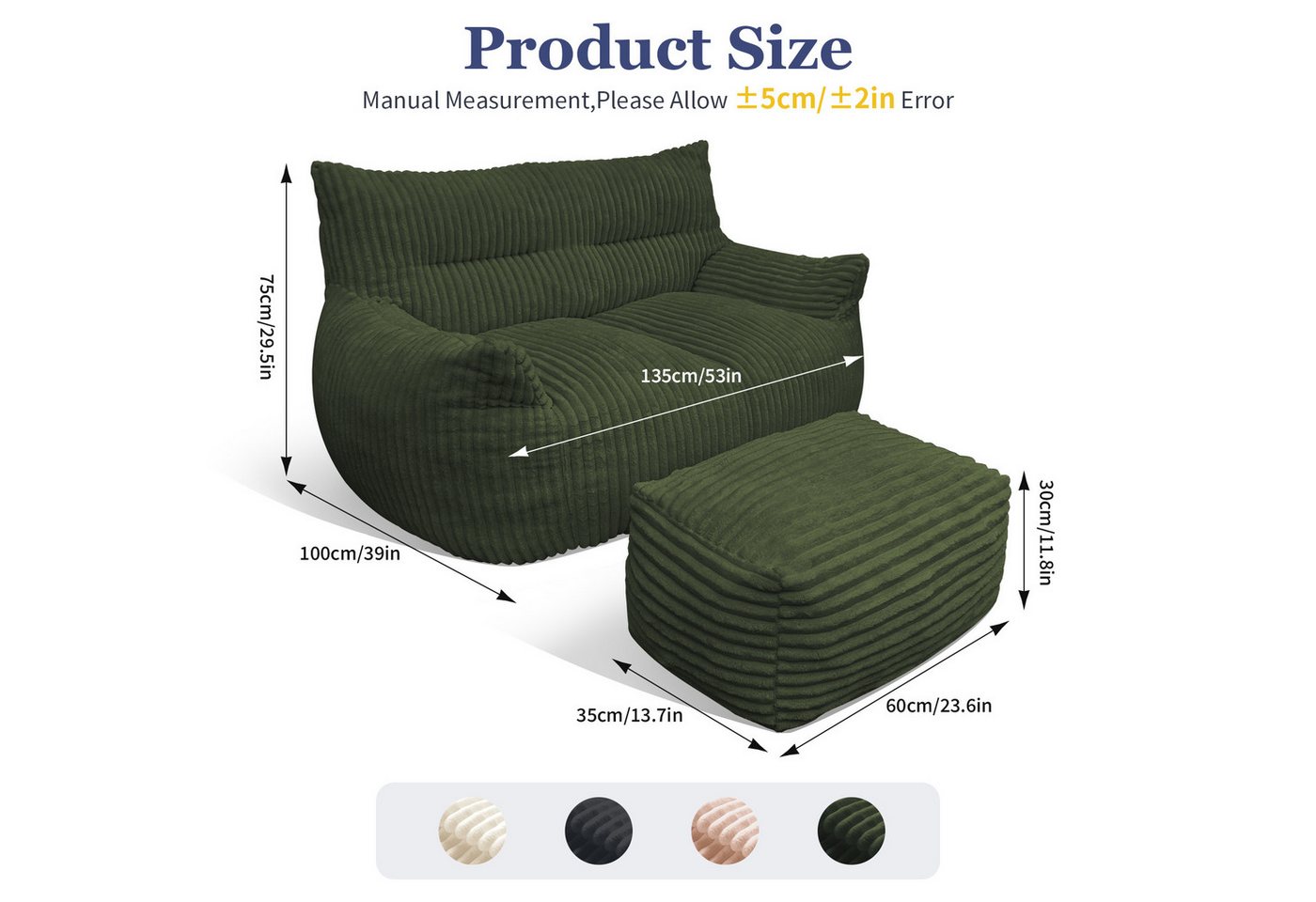 Odikalo 2-Sitzer Sofas wohnzimmer Loungesofa Relaxsessel Sitzsack mit Schlaffunktion, Doppel-Sitzsack mit Hocker–Große Sitzsack-Lounger für Erwachsene Jugendlic – Bild 3 von 5