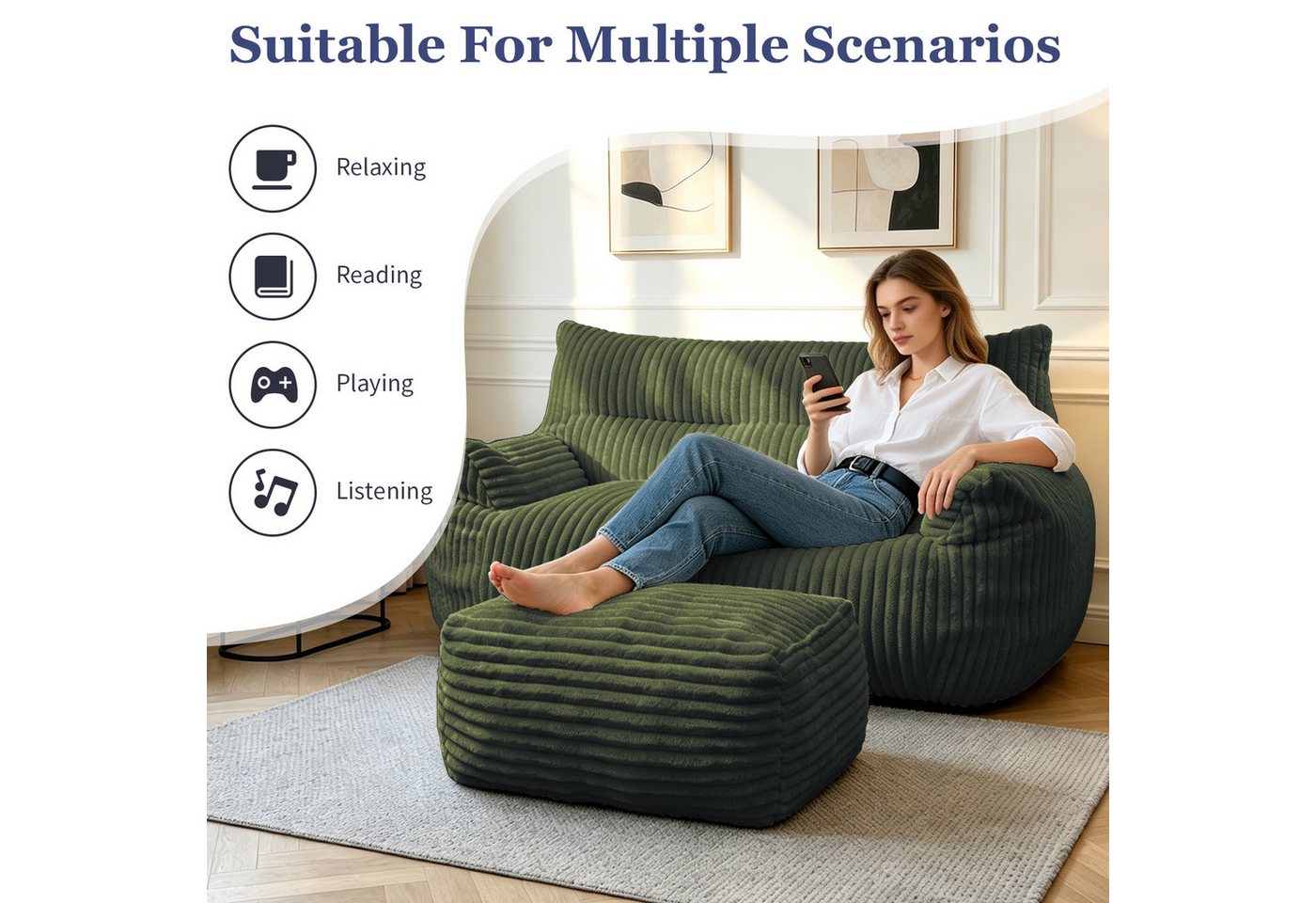 Odikalo 2-Sitzer Sofas wohnzimmer Loungesofa Relaxsessel Sitzsack mit Schlaffunktion, Doppel-Sitzsack mit Hocker–Große Sitzsack-Lounger für Erwachsene Jugendlic – Bild 4 von 5