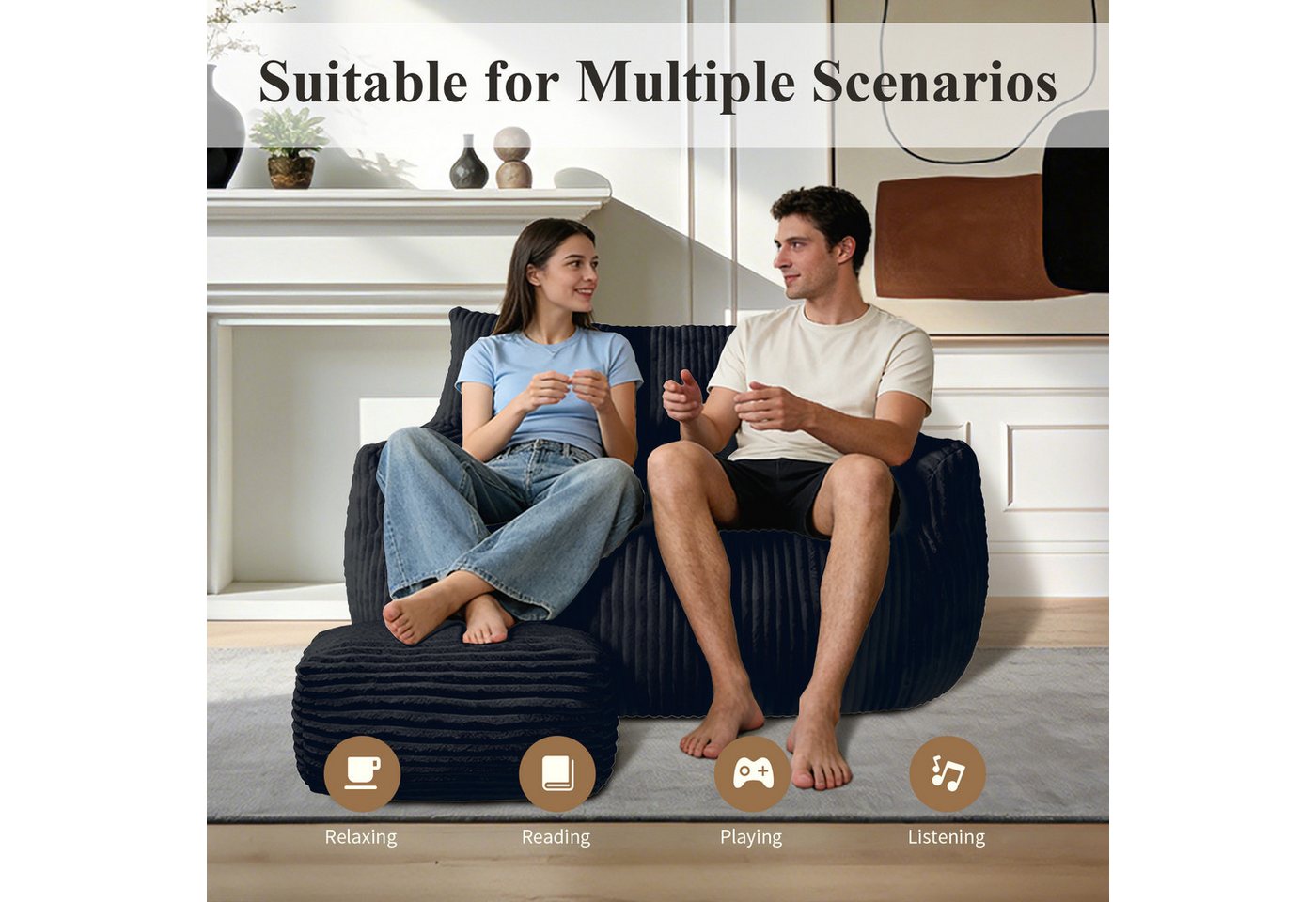 Odikalo 2-Sitzer Sofas wohnzimmer Loungesofa Relaxsessel Sitzsack mit Schlaffunktion, Doppel-Sitzsack mit Hocker–Große Sitzsack-Lounger für Erwachsene Jugendlic – Bild 2 von 5