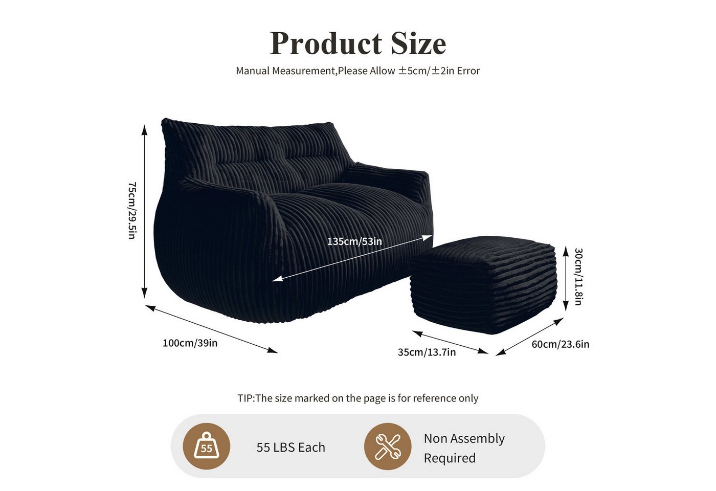 Odikalo 2-Sitzer Sofas wohnzimmer Loungesofa Relaxsessel Sitzsack mit Schlaffunktion, Doppel-Sitzsack mit Hocker–Große Sitzsack-Lounger für Erwachsene Jugendlic – Bild 3 von 5