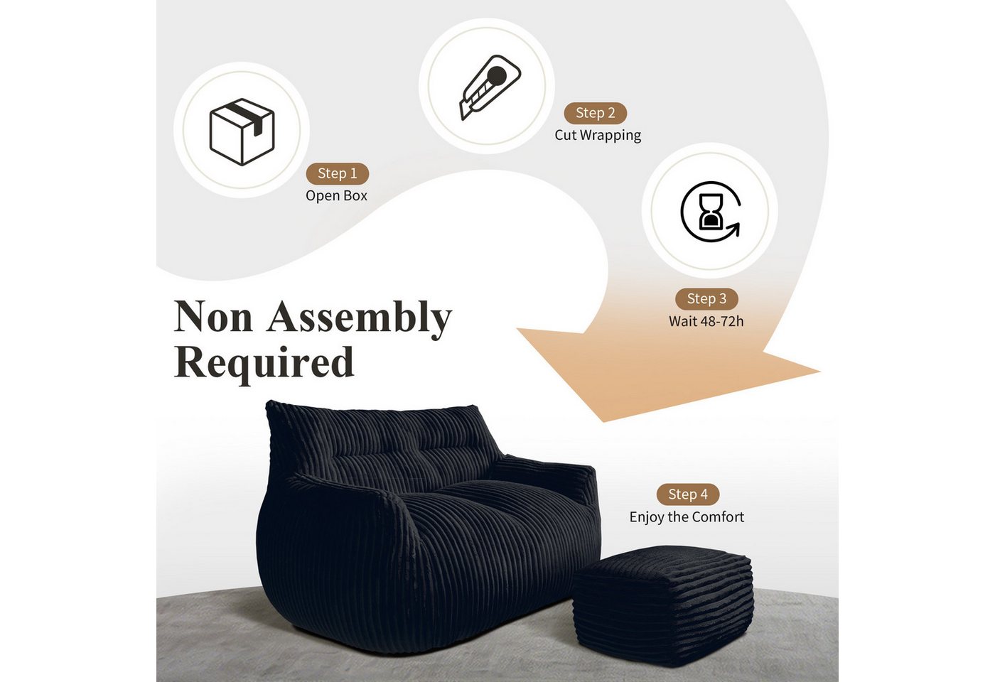 Odikalo 2-Sitzer Sofas wohnzimmer Loungesofa Relaxsessel Sitzsack mit Schlaffunktion, Doppel-Sitzsack mit Hocker–Große Sitzsack-Lounger für Erwachsene Jugendlic – Bild 5 von 5