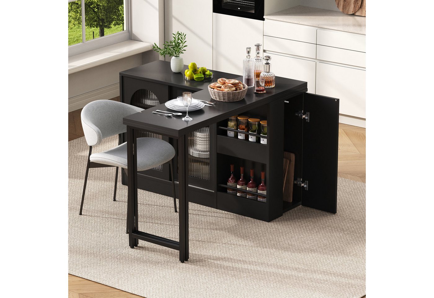 Odikalo Bartisch Sideboard mit Esstisch, Ausziehbar, Drehbare (Moderner Bartisch, Ausziehbar 360° Drehbare Bartisch Mit Stauraum, Reversibel Tisch Sideboard Bar – Bild 2 von 5