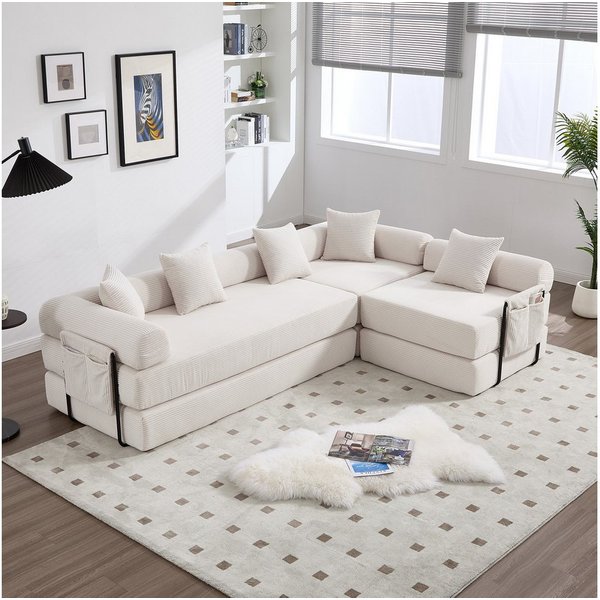 Odikalo Ecksofa 4 Sitzer Modulares Sofa mit Schlaffunktion merhfarbig, Gemütliches Familiensofa mit Stauraum & modularer Funktion – vakuumverpackt für mühelose 