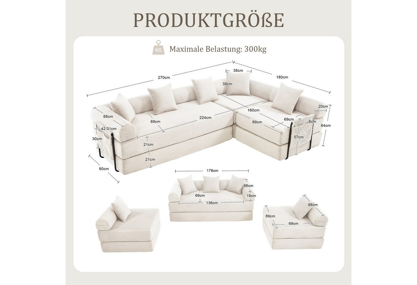 Odikalo Ecksofa 4 Sitzer Modulares Sofa mit Schlaffunktion merhfarbig, Gemütliches Familiensofa mit Stauraum & modularer Funktion – vakuumverpackt für mühelose  – Bild 4 von 5