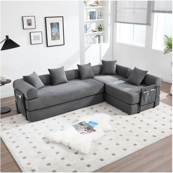 Odikalo Ecksofa 4 Sitzer Modulares Sofa mit Schlaffunktion merhfarbig, Gemütliches Familiensofa mit Stauraum & modularer Funktion – vakuumverpackt für mühelose 