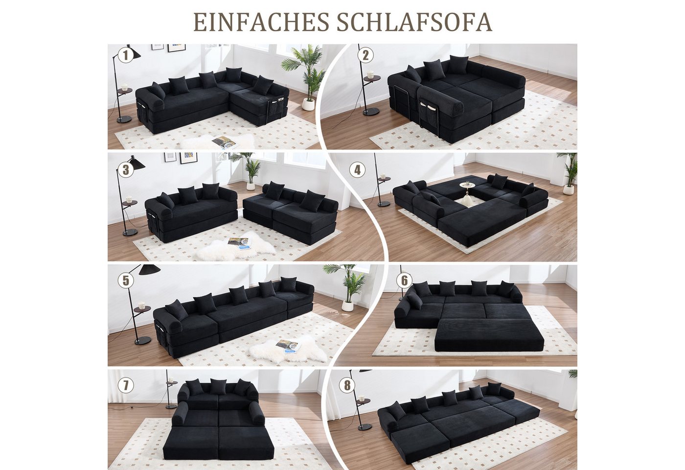 Odikalo Ecksofa 4 Sitzer Modulares Sofa mit Schlaffunktion merhfarbig, Gemütliches Familiensofa mit Stauraum & modularer Funktion – vakuumverpackt für mühelose  – Bild 2 von 5