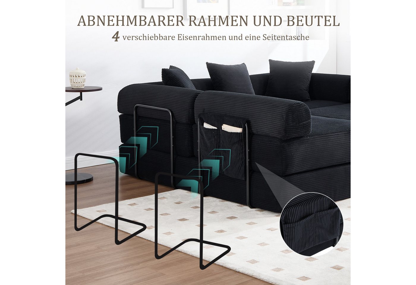 Odikalo Ecksofa 4 Sitzer Modulares Sofa mit Schlaffunktion merhfarbig, Gemütliches Familiensofa mit Stauraum & modularer Funktion – vakuumverpackt für mühelose  – Bild 3 von 5