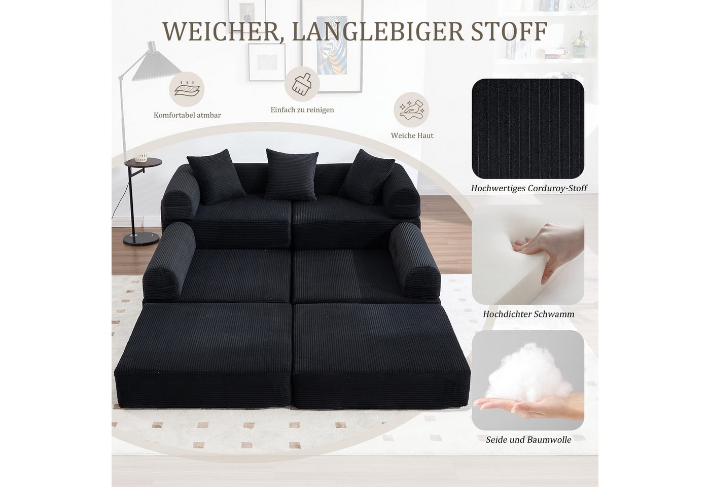 Odikalo Ecksofa 4 Sitzer Modulares Sofa mit Schlaffunktion merhfarbig, Gemütliches Familiensofa mit Stauraum & modularer Funktion – vakuumverpackt für mühelose  – Bild 4 von 5