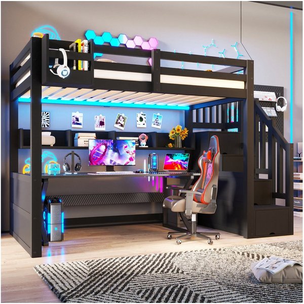 Odikalo Hochbett Jugendbett Einzelbett mit Leitplanke Stauraumschränken LED (90×200cm Bettgestell Treppe mit Stauraum Stabiles Holzgestell(ohne Matratze)