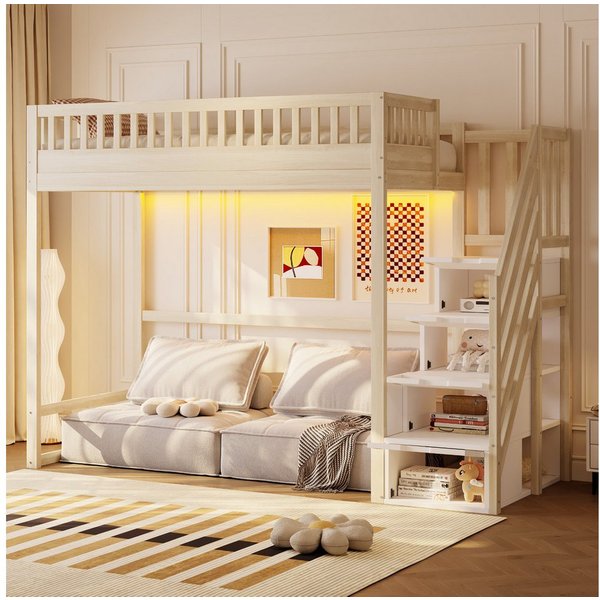 Odikalo Hochbett Hochbett mit Stauraum & Treppe, Weißes Holzbett aus Massiver Kiefer (Hochbett 140x200 / 90x200 cm mit Sicherheitsaufbewahrungsleiter, Sicherhei