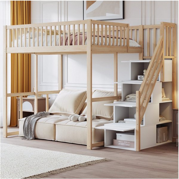 Odikalo Hochbett Hochbett mit Stauraum & Treppe, Weißes Holzbett aus Massiver Kiefer (Hochbett 140x200 / 90x200 cm mit Sicherheitsaufbewahrungsleiter, Sicherhei