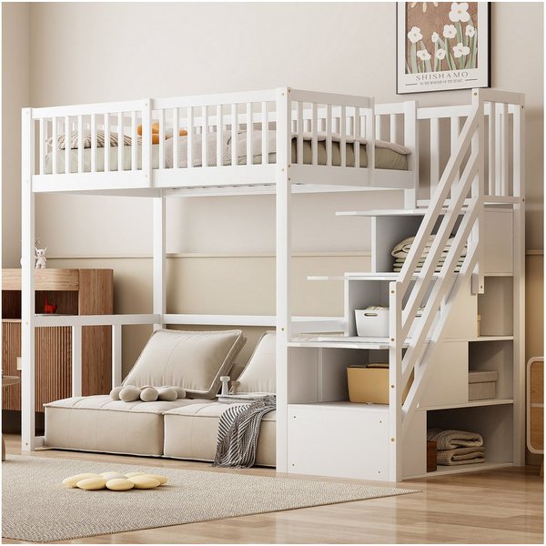 Odikalo Hochbett Hochbett mit Stauraum & Treppe, Weißes Holzbett aus Massiver Kiefer (Hochbett 140x200 / 90x200 cm mit Sicherheitsaufbewahrungsleiter, Sicherhei
