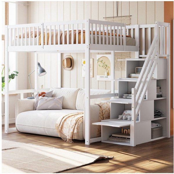 Odikalo Hochbett Hochbett mit Stauraum & Treppe, Weißes Holzbett aus Massiver Kiefer (Hochbett 140x200 / 90x200 cm mit Sicherheitsaufbewahrungsleiter, Sicherhei