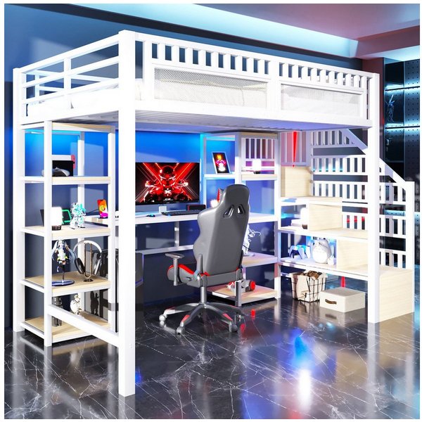 Odikalo Hochbett Multifunktionales Hochbett mit Schreibtisch & Stufenschrank (LED-Lichtleiste, USB-Anschluss inklusive,ohne Matratze, 90x200 140x200CM, schwarz/