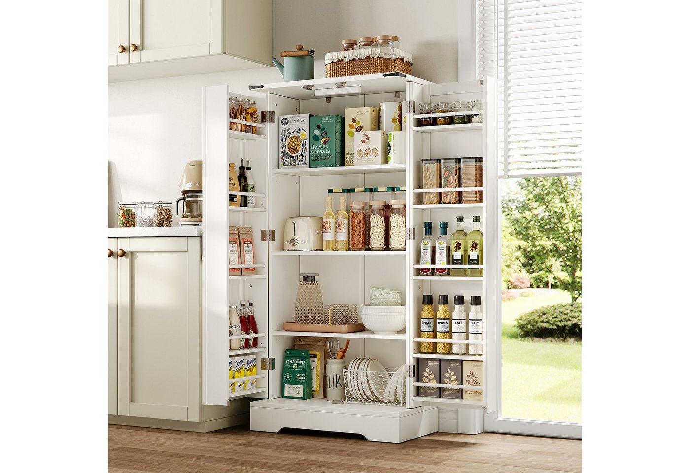 Odikalo Hochschrank 128,5 cm Küchenschrank LED Speiseschrank Flügeltüren verstellbar Regal (60x35x128.5cm (L x B x H) – Bild 2 von 5